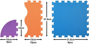 Close up dimensions of the different sized foam mat tiles from the Interlocking Play Mat Tiles with Wide Borders - Pack of 25