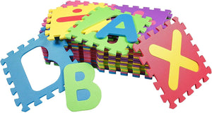 An image of stacked interlocking foam mat tiles with numbers and letters from the Large EVA Interlocking Foam Play Mat - Pack of 42