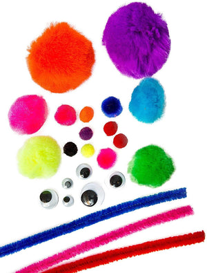 Close up of pom poms, googly eyes and pipe cleaners included in the Crafting Kit - Pipe Cleaners, Pom Poms and Googly Eyes - Pack of 500