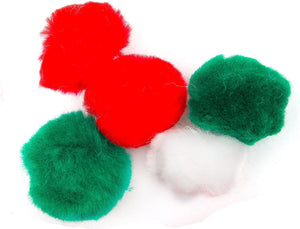 Close up of large green, red and white pom poms from the Mini Christmas Craft Kit