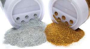 An image of silver and gold glitter shakers in use from the Gold & Silver Glitter Shakers with Spreaders pack 