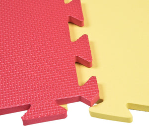 Close up of red and yellow foam tiles from the Assorted Colour EVA Foam Rectangular Play Mat with 9 Pieces pack