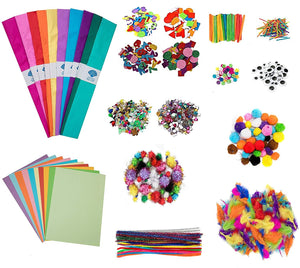 Variety of craft products included in the Craft Materials Mega Pack from glitter pom poms, card, pipe cleaners, feathers, googly eyes, buttons and lollipop sticks