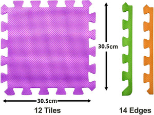 Dimensions for the foam mat tiles and borders of the Multi-Colour EVA Foam Interlocking Play Mat Tiles - Pack of 12