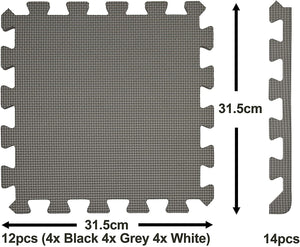 Dimensions of a grey play mat tile and its border from the Checkered Interlocking Play Mat Tiles with Borders - Pack of 12