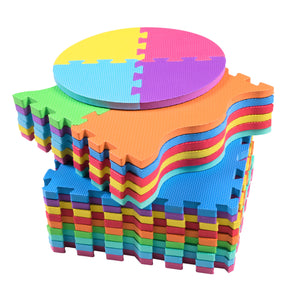 Stacked foam mat tiles from the Interlocking Play Mat Tiles with Wide Borders - Pack of 25