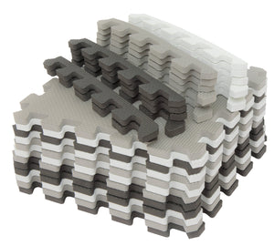 Stacked foam mat tiles from the Checkered Interlocking Play Mat Tiles with Borders - Pack of 12